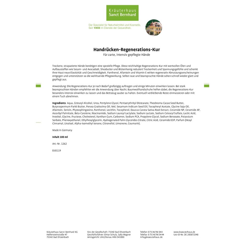 Sanct Bernhard Hand Back Regeneration Treatment with Sesame Oil, Avocado