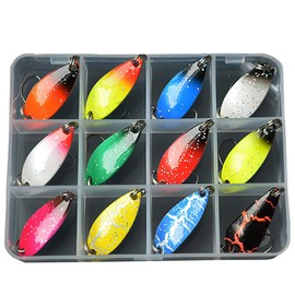 Spoon Fishing Set, LYQQY 12 Pieces Fishing Trout Spoon Set, Lifelike and Compact Trout Blinker Spoons Trout with Box for Salt Water and Fresh Water for Pike, Zander, Perch, Trout