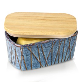 HVH Ceramic Butter Dish with Lid for Countertop, Airtight Butter Keeper with Wooden Lid, Butter Holder for East West Coast Butter, Irregular Striped (Wabi sabi, 6 x 3.5 x 2.7)