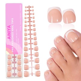 Toe Nail Tips Press on, French White Fake Toenail Tips Press Ons Square Pre-applied Tip Primer & Base Coat, Full Cover Matte False Nails for DIY x 15 Sizes 240 Pcs