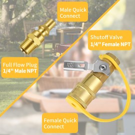 1/4" RV Propane Quick Connect Adapter, Propane or Natural Gas Quick Connect or Disconnect Kit, Shutoff Valve and Full Flow Plug, 1/4" Female NPT&1/4" Male NPT, for Camping BBQ