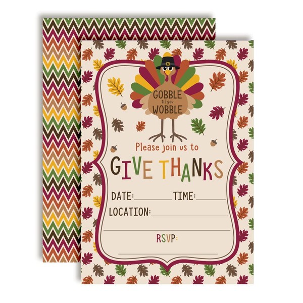 Cute Turkey Gobble Till You Wobble Thanksgiving Party Invitations, 8