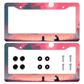 2PCS Armored Knight License Plate Frame Tombstone Red Flowers Anime Romance Car Front License Plate Personalise License Plate Frames Metal Car Plates Tag Funny Decor Men Women 12.3" x 6.3"