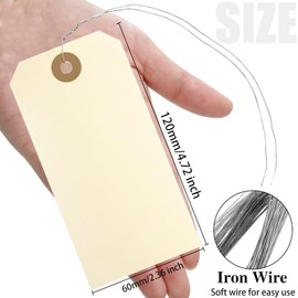 200 Pcs Manila Shipping Tags with Wire Attached, 4 3/4 x 2 3/8 inches Label Hang Tags with Reinforced Hole, Writable Price Tags Display Gift Tags for Product Jewelry Clothing