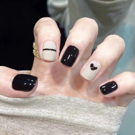 24 Pcs Short Black False Nails - Creamy White Press on Nails Heart Line Decoration - Fake Nails Removable Glue-on Nail Acrylic Full Cover Nail Women Girls Valentines Days Nail Art