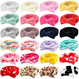24 Pack Spa Headband Bow Hair Band Facial Makeup Headband Women Face Wash Headband Adjustable Skincare Headbands Soft Flannel Towel Head Wraps for Shower Washing Face Girls Yoga Sports, 24 Styles