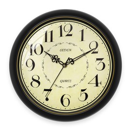 Vintage 12" Silent Wall Clock, Retro Round Battery Operated Decorative Clock with Large Numbers, Unique Hands for Bedroom Kitchen Office Living Room Café Decor(Black with Gold Ring)