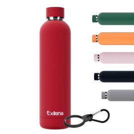Exllena Insulated Water Bottles 1l with Clip, Double Wall Vacuum Drinks Bottle Keeps Drinks Cold 24 Hrs/Hot 12 Hrs, Stainless Steel Water Bottle BPA Free(Red)