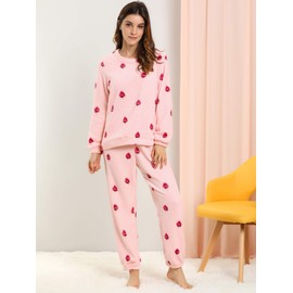 Allegra K Women's Long Sleeve Flannel Pattern Sleepwear Pyjamas, pink