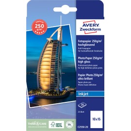Avery Zweckform Art. C2550-20 Premium Inkjet Photo Paper (20 Sheets, 250 g/m², 10 x 15 cm, High-Gloss Photo Cards, Coated on One Side, Immediately Dry and Smudge-Proof, Photo Sheets for Inkjet