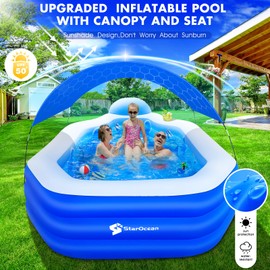 StarOcean Inflatable Pool with Canopy, Large Inflatable Swimming Pool for Kids,Adult, Blowup Pools with Seats,Backrest.Durable Thickened Inflatable Family Pools for Backyard,Dark Blue-120"x75"x20"