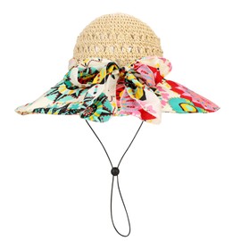 Women Straw Hat Sun Hat Large Brim Bucket Hat Floppy Sunhat Beach Hat Floral Travel Hat SPF 50+ Summer Big Brim Sun Protection Hat Cap Elegant Ladies Hat with Leopard Print Ribbon Headband Gift