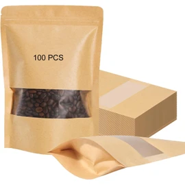 Bolsas de Papel Kraft de 100 Piezas, Bolsas Pouch con Ventana y Cierre Hermético de Cremallera, Bolsas Resellables para Dulces, Accesorios, Aperitivos, Joyería y Más,10x15CM(Amarillo)