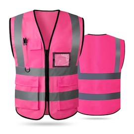 AKEIVN Hi Vis Vests for Women Men High Visibility Reflective Safety Security Vest with Pockets Zipper Front Meets ANSI/ISEA Standards(4X-Large, Pink(cloth))