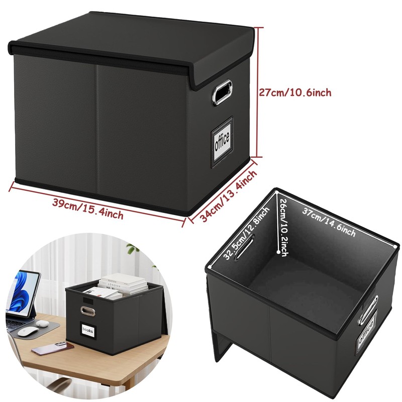 Umtiti A4-Size Black Leather File Organizer Box with Lid（Folders not