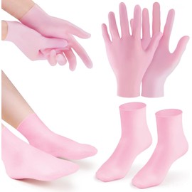 Calcetines y guantes hidratantes de silicona rosa (1 par cada uno) para hidratación intensiva, alivio de asperezas y