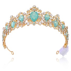 Yean Light Up Baroque Crown Rhinestone Tiara LED Gold Bridal Hair Accessories for Women (Blue Opal, One Size)