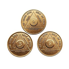 Wendells Set of AA Alcoholics Anonymous Medallions 3 6 9 Month 90 Days Chips Bronze Months Coins