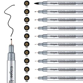 Ezigoo Fineliner Pens for Art Sketches, Technical Drawings, Office Documents - Black Ink Pens Assorted Tips Pack of 10