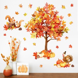 Mfault Fall Thanksgiving Maple Tree Wall Decals Stickers, Autumn Woodland Turkey Pumpkin Leaves Decorations Bedroom Art, Forest Animals Squirrel Farmhouse Home Kitchen Decor