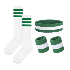 Werownsgso Pack of 5 Striped Sweatbands, 80s Outfit, Women's Accessories with Striped Headband, Wristbands, Socks, Sports Headbands Set for Fitness, Sports, Retro Party (Green)