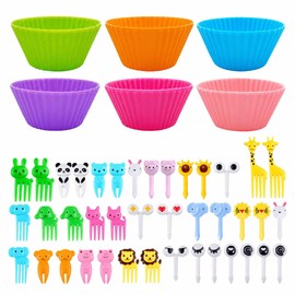 lyfLux Creative Bento Box Kit: 52-Piece Reusable Silicone Cups & Animal Food Picks for Lunch, Party Snacks, Meal Prep - Microwave & Dishwasher Safe