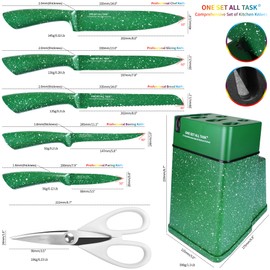 Knife Block Set, Professional Chef Knives Set With Knife Holder, Green Color Stainless Steel Knife, Meat Cleaver Slicing Cooking Kitchen Knife Kit