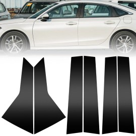 LIANGREN 6pcs Glossy Black PC Window BC Pillar Post Cover Trim For Honda Civic 2022-2025