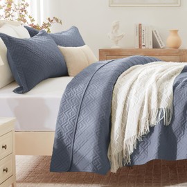 EXQ Home Quilt Set Full/Queen Size Blue 3 Piece,Lightweight Soft Coverlet Modern Style Squares Pattern Bedspread Set for All Season(1 Quilt,2 Pillow Shams)