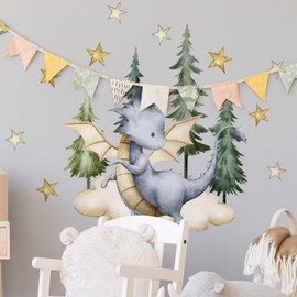 Baby Dragon Wall Decals Stickers, Stars Clouds Forest Nursery Playroom Decor, Kids Room Home Decorations Boys Bedroom Art