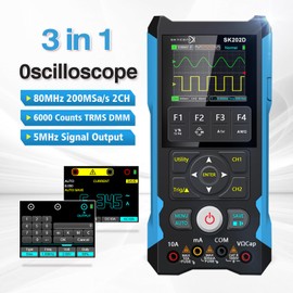 SkyCenx ET202D 3 in 1 Handheld Oscilloscope Multimeter DDS Generator, 2 Channels, 80MHz Bandwidth, 200MSa/s Sampling Rate, 6000 Counts, Voltage, Current, Capacitor, Resistor, Diode Test
