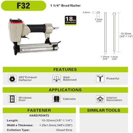 meite F32 Brad Nailer 18 Gauge 3/8" to 1-1/4" Pneumatic Tool for Woodworking Projects