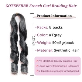 French Curly Braiding Hair for Black Women Loose Wavy Hair for Braids Braiding Hair Extensions Synthetic French Curl Crochet Braids 12 Inch Grey Color