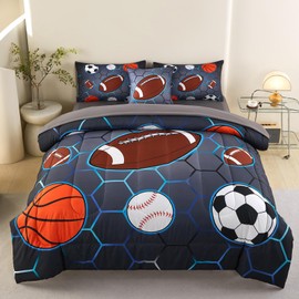 ASKOTU 6 Pcs Sports Bedding Set for Boys Full Size, Basketball Baseball Football Soccer Bedding Boys Comforter Set with Sheets