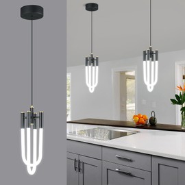 BNHHLZ Modern Black LED Pendant Light Fixture U-Shaped Adjustable 2 Ring Pendant Lighting for Kitchen Island Living Room Dining Room Bedroom（1 Pack）