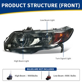 AUTOSAVER88 Headlight Assembly Compatible with 2006-2011 Civic Coupe OE Style Replacement Headlamps Black Housing with Amber Park Lens