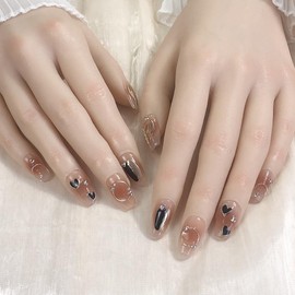 Pure Handmade Nails Press on Nail Reusable Fake Nails Golden&Brown Heart Nude Medium Stick on Nails French Tip False Nails 10pcs (S, Q266DT)