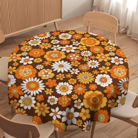 Retro 70s Groovy Round Tablecloth 1960s Hippie Floral White Orange Boho Modern Art Table Cloth Cover for Farmhouse Home Kitchen Dining Party Patio Indoor Outdoor, Round 36x36in