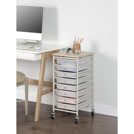 SunnyPoint Wooden Top Compact Rolling Storage 8 Drawers Organizer Mobile Utility Cart, Under Desk Storage Cart with Caster Wheels (Compact 8 Drawers, White)