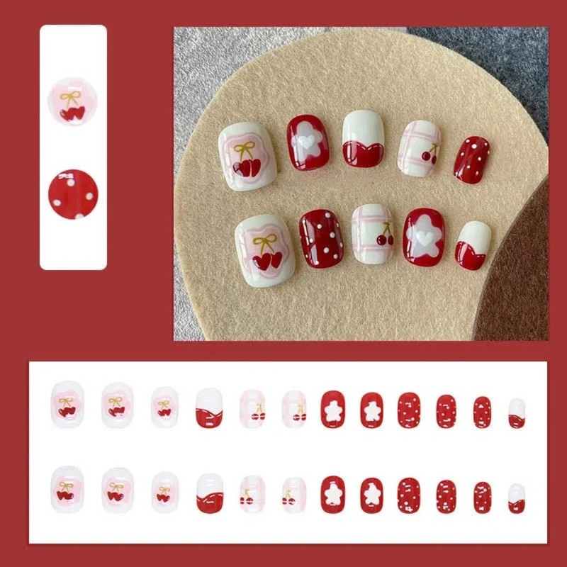 Ztcily Künstliche Nägel für Kinder, kurze rote Nägel mit Kleber,