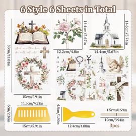 WANDIC 6 Pcs Cross&Church Rub On Transfer Sticker,Bible Stickers Flower Garland Decals for Present Packaging DIY Scrapbooking Photo Albums Furniture,15 * 30cm