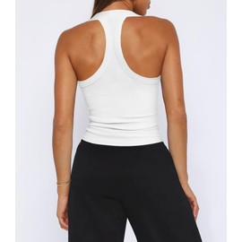 Hragc Womens Halter Top Deep Scoop Neck Low Cut Racerback Tank Top for Women Workout Ribbed Knit Fitted White Small Sleeveless Cami Shirt