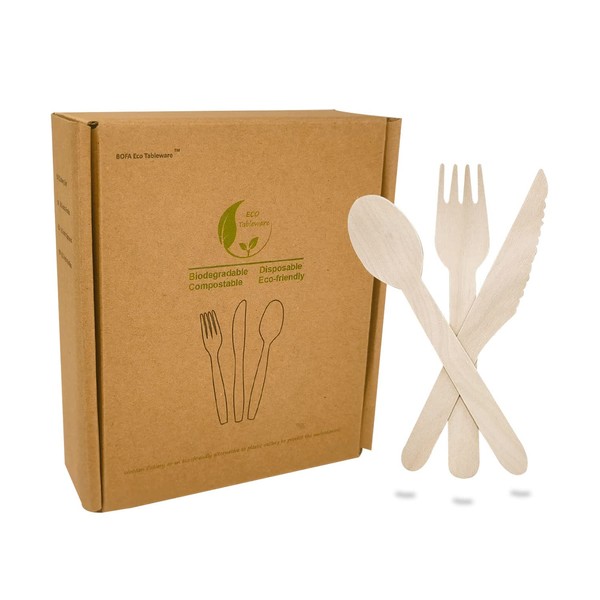 Disposable Wooden Cutlery Set 150 Pcs for Party Eating Picnic, 100% Biodegradable Compostable Eco-Friendly Natural Birchwood Utensils Set of 50 Wooden Knives, 50 Wooden Forks, 50 Wooden Spoons