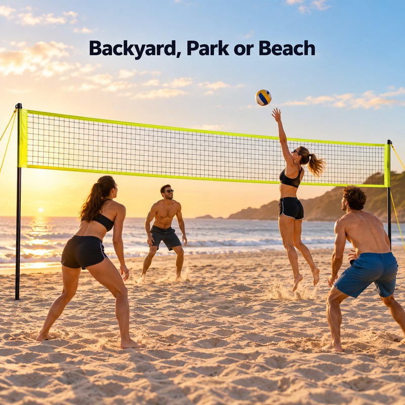 Adjustable Outdoor Volleyball Net System with Steel Poles, Ball, Pump,