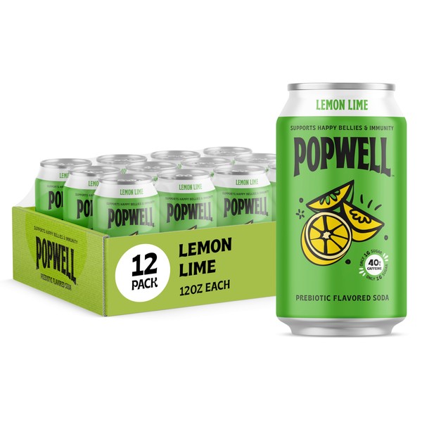 Popwell Lemon Lime Caffeinated Better-For-You Prebiotic Soda, with 6g Fiber,