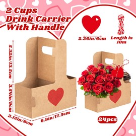 Moonld 24 Pcs Valentines Day 2 Cup Drink Carrier Paper Flower Bouquet Gift Bags with Handle Disposable Drink Carriers Kraft Drink Carrier with Handles for Valentine's Day Gifts Birthday Party Favors