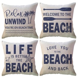 ULOVE LOVE YOURSELF Coastal Beach Throw Cushion Covers Double-Sided Tropical Palm Paddles Anchor Starfish Summer Beach House Decorative Pillowcase 18 x 18 Inch 4Pack Porch Patio Decor (Blue)