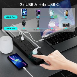 Power Strip USB C, Surge Protector Powerboard with 4 AC Outlets, 4 Type C Ports and 2 USB Ports, 2m Extension Cord, Independent Switches,13A/3250W Power Board for Home Office