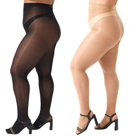 MANZI 2 Pairs Women's Plus Size Oil Shiny Sheer Pantyhose High Waist Shimmer Stockings Nylon Silky Tights Black and Natural XXXL-XXXXL