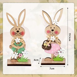 Huangzd Kaninchen Deko Aufsteller für Ostern, Osterdekoration aus Holz, Osterhase Deko aus Holz, Sterhasen-Paar mit Blume, Hase aus Holz Osterdeko zum Hinstellen für Innen Außen Desktop (A)